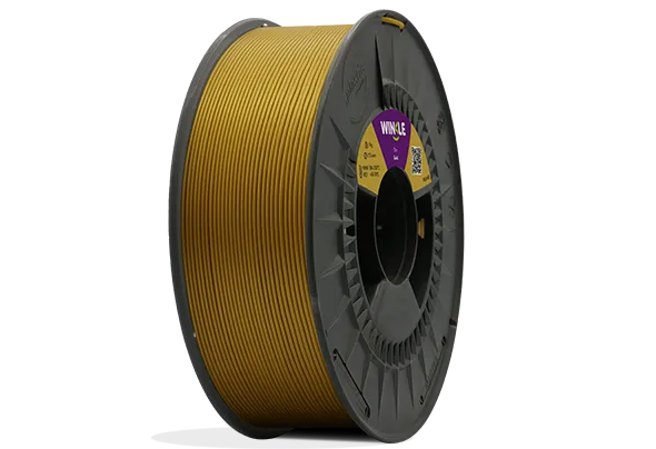 Eine perfekte Wicklung Filament PLA HD Winkle 1,75mm Gold 300g auf einer Plattform gelegen