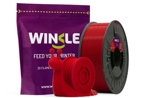 Doypack of spool Winkle PLA HD Filament Devil Red 1,75mm 1kg along with 3D printed figure with that material and its sustainable and reusable packaging.