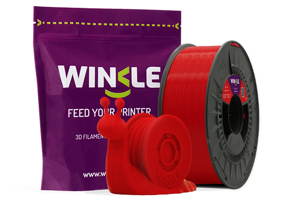 Doypack of spool Winkle PLA HD Filament Devil Red 1,75mm 300g along with 3D printed figure with that material and its sustainable and reusable packaging.