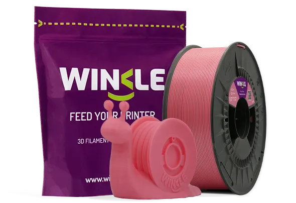 Doypack of spool Winkle PLA HD Filament Bubble Gum Pink 1,75mm 300g along with 3D printed figure with that material and its sustainable and reusable packaging.