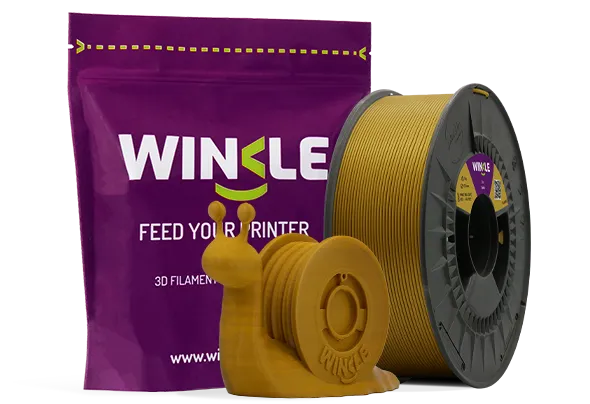 Doypack of spool Winkle PLA HD Filament Gold 2,85mm 1kg along with 3D printed figure with that material and its sustainable and reusable packaging.