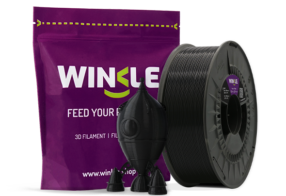 Doypack of spool Winkle PLA High Speed Filament Jet Black 1,75mm 1kg along with 3D printed figure with that material and its sustainable and reusable packaging.