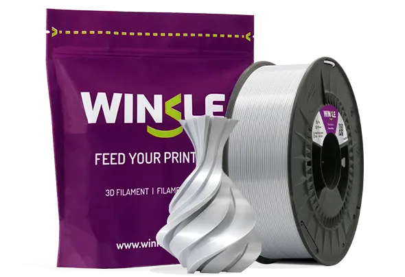 Doypack of spool Winkle PLA Silk Filament Snow White 1,75mm 1kg along with 3D printed figure with that material and its sustainable and reusable packaging.