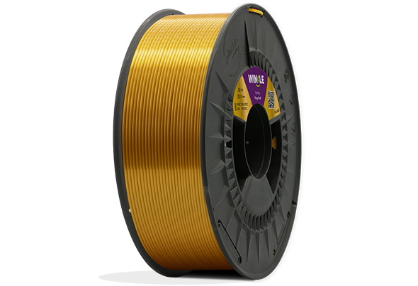 Eine perfekte Wicklung Filament PLA Silk (Seide) Winkle 1,75mm König Gold 300g auf einer Plattform gelegen