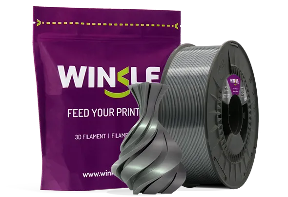 Doypack of spool Winkle PLA Silk Filament Mercury Silver 1,75mm 1kg along with 3D printed figure with that material and its sustainable and reusable packaging.