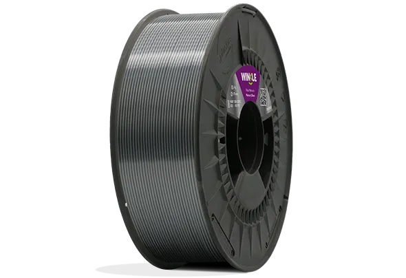 Eine perfekte Wicklung Filament PLA Silk (Seide) Winkle 1,75mm Quecksilber Silber 1kg auf einer Plattform gelegen