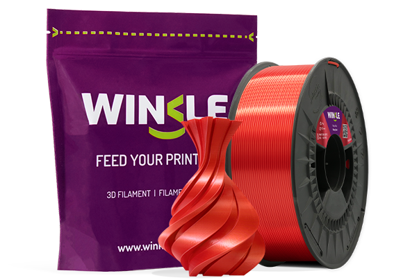 Doypack of spool Winkle PLA Silk Filament Ruby Red 1,75mm 300g along with 3D printed figure with that material and its sustainable and reusable packaging.