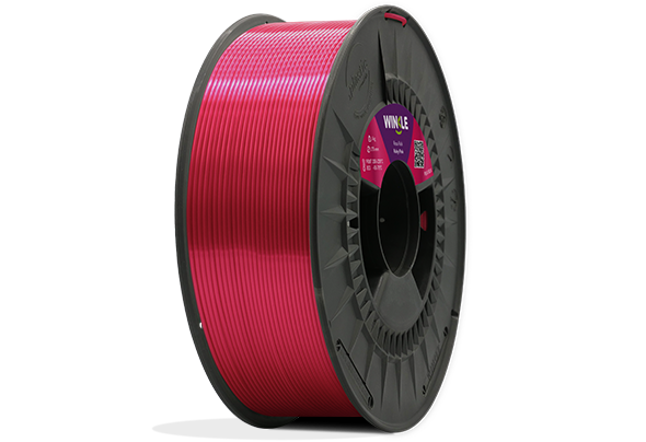 Eine perfekte Wicklung Filament PLA Silk (Seide) Winkle 1,75mm Rubin Rosa 300g auf einer Plattform gelegen