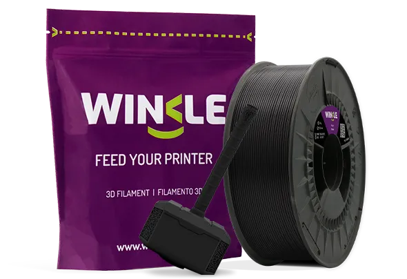 Doypack of spool Winkle PLA Tough Filament Black 1,75mm 300g along with 3D printed figure with that material and its sustainable and reusable packaging.