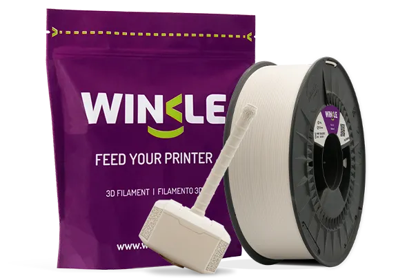 Doypack of spool Winkle PLA Tough Filament Natural 2,85mm 1kg along with 3D printed figure with that material and its sustainable and reusable packaging.