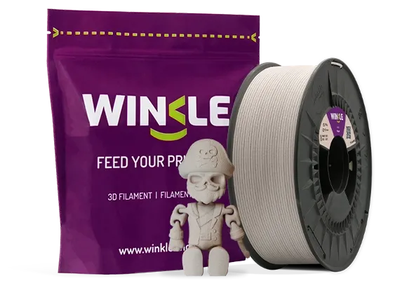 Doypack of spool Winkle PLA Wood Filament Maple 1,75mm 300g along with 3D printed figure with that material and its sustainable and reusable packaging.