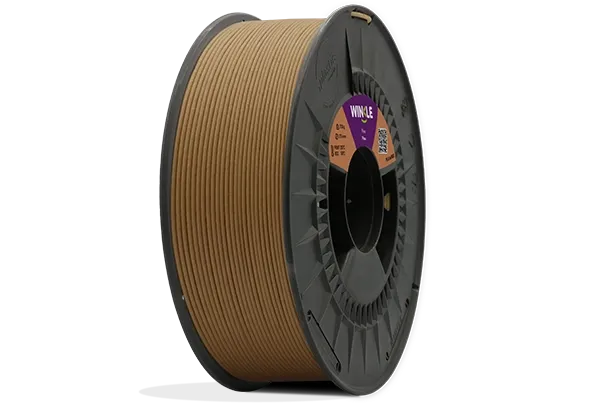 Eine perfekte Wicklung Filament PLA Wood (Holz) Winkle 1,75mm Kiefernholz 300g auf einer Plattform gelegen