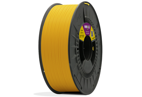 Eine perfekte Wicklung Flexibles Filament TPE Winkle 1,75mm Kanariengelb 200g auf einer Plattform gelegen