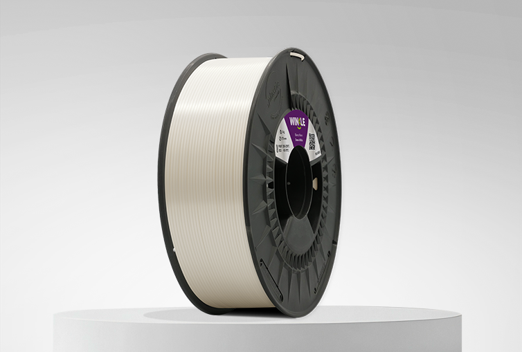 Spool of Winkle PLA Silk Filament Snow White 1,75mm 1kg on a platform and gray background