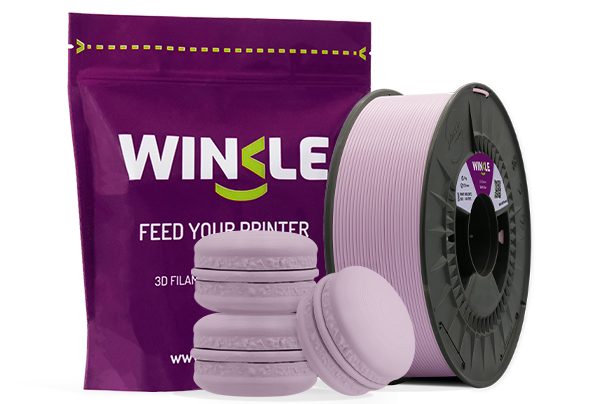 Doypack of spool Winkle PLA HD Filament Pastel Soft Lilac 1,75mm 300g along with 3D printed figure with that material and its sustainable and reusable packaging.