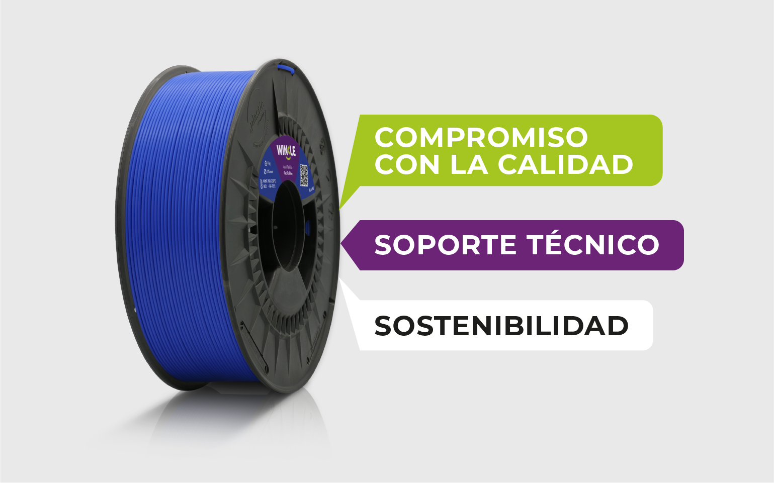 Bobina azul de Winkle con mensaje de calidad, sostenibilidad y soporte técnico