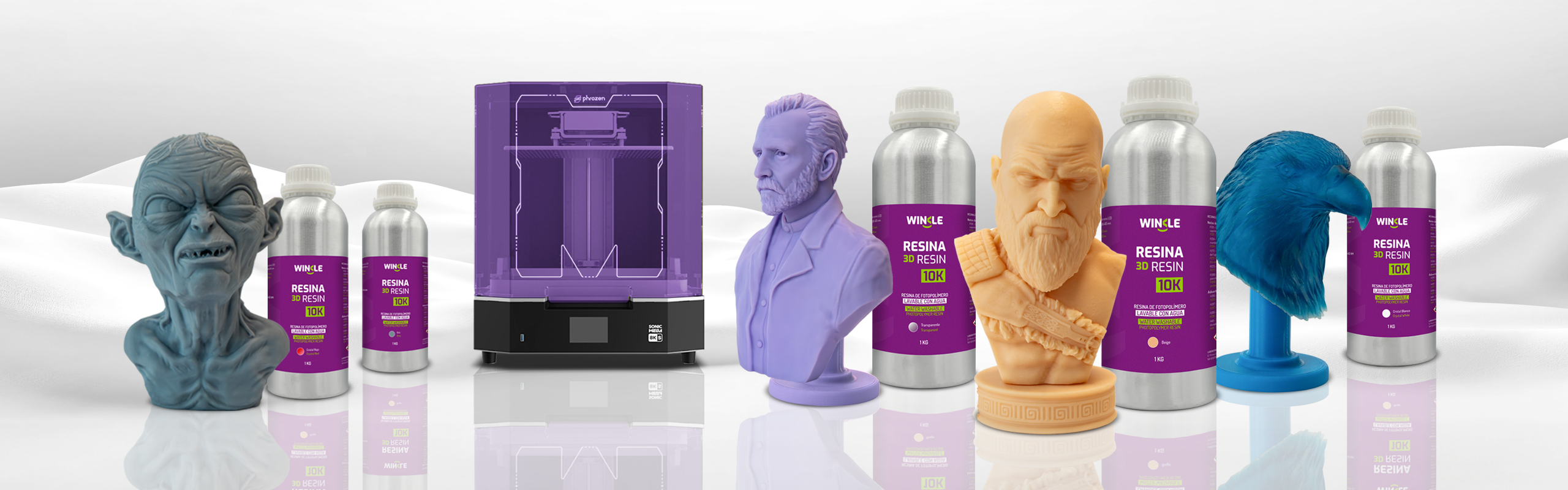 Image of the Winkle Water Washable 3D resin showing various figures, a 3D printer and the resin pots.