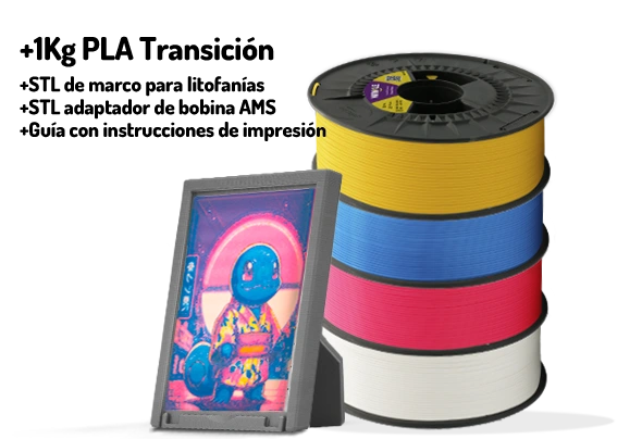 Doypack de la bobina de Filamento PLA HD Winkle 1,75mm Pack Litofania 1kg Color junto a figura impresa en 3D con ese material y su envase sostenible y reutilizable